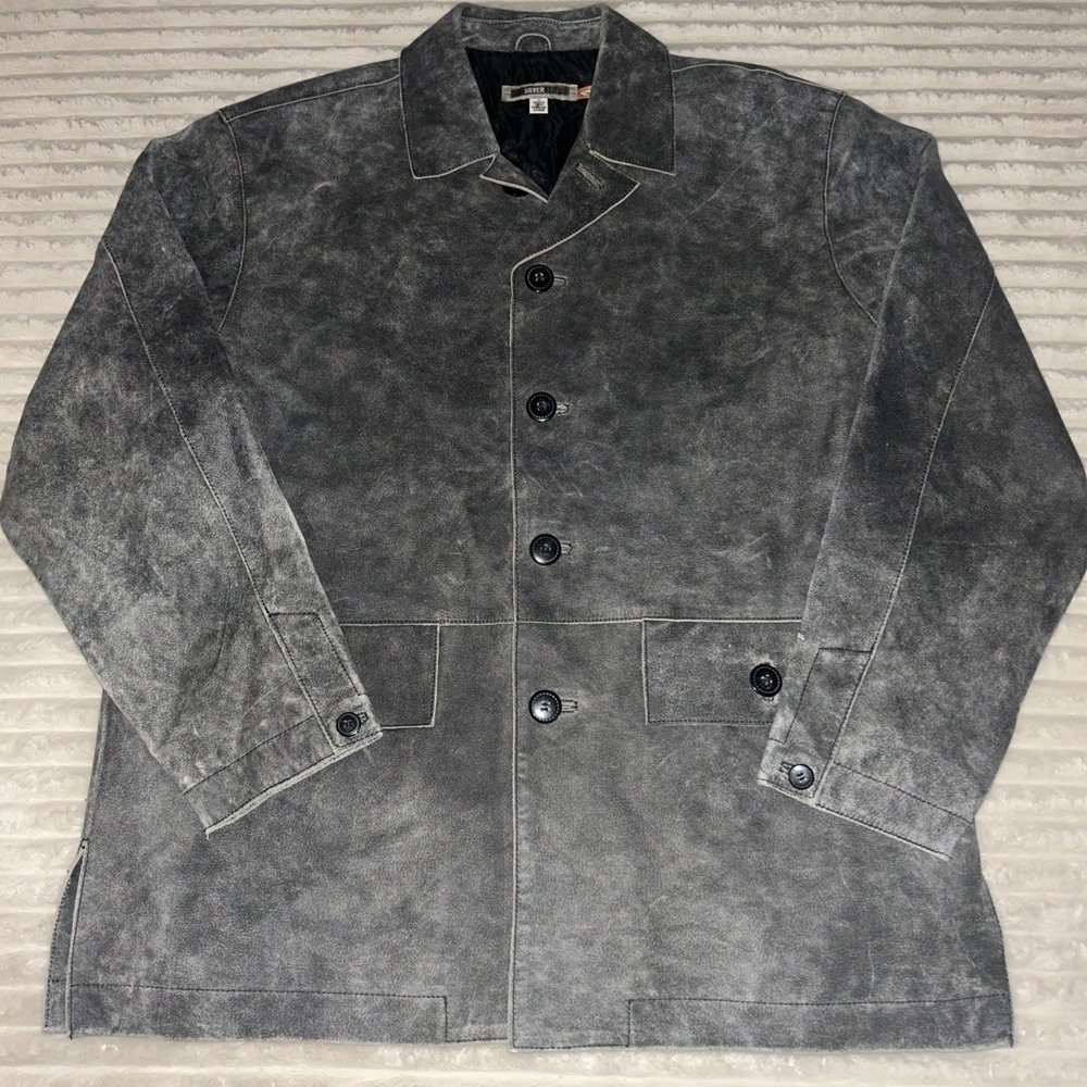 Quiksilver Edition Mens XL Grey Leather Jacket Suede Nubuck Chore Coat Vintage